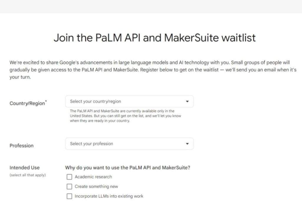 Waitlist application on MakerSuite for access to the Bard API.